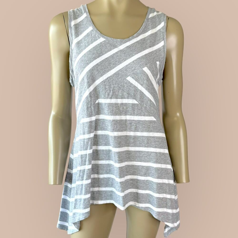 Two By Vince Camuto Striped Tank Top Cotton Knit Swing Hem Size L Gray White